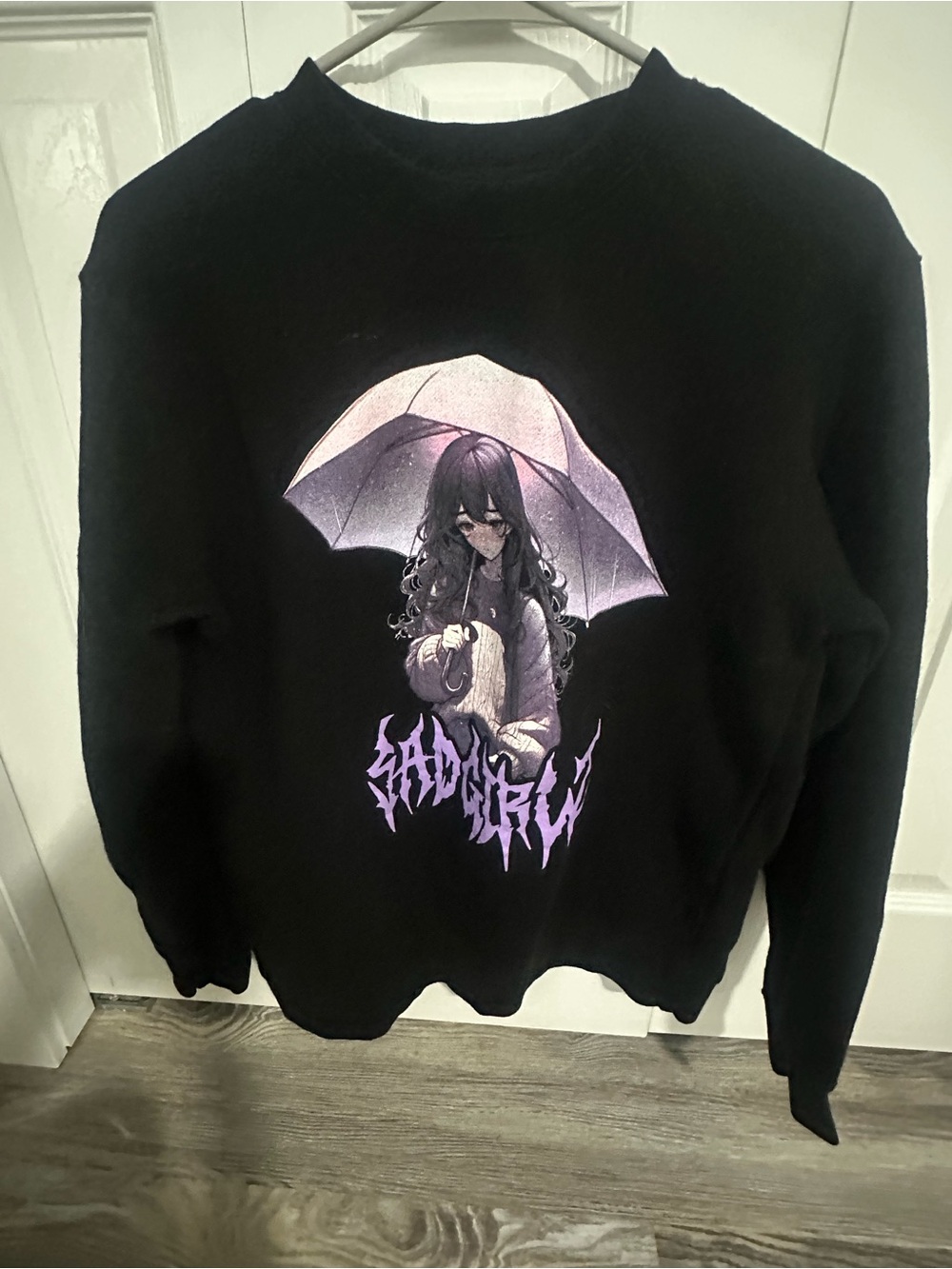 Black Graphic Hoodie with Purple Umbrella Anime Print